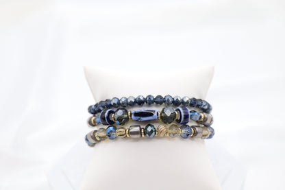 Gold Blue Grey Class Ceramic Bead Bracele Set