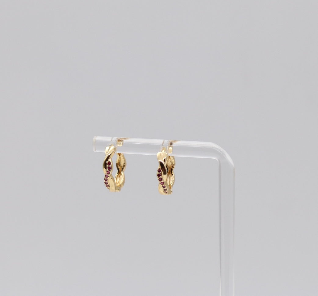 Twisted Gold Ruby Crystal Huggie Earrings
