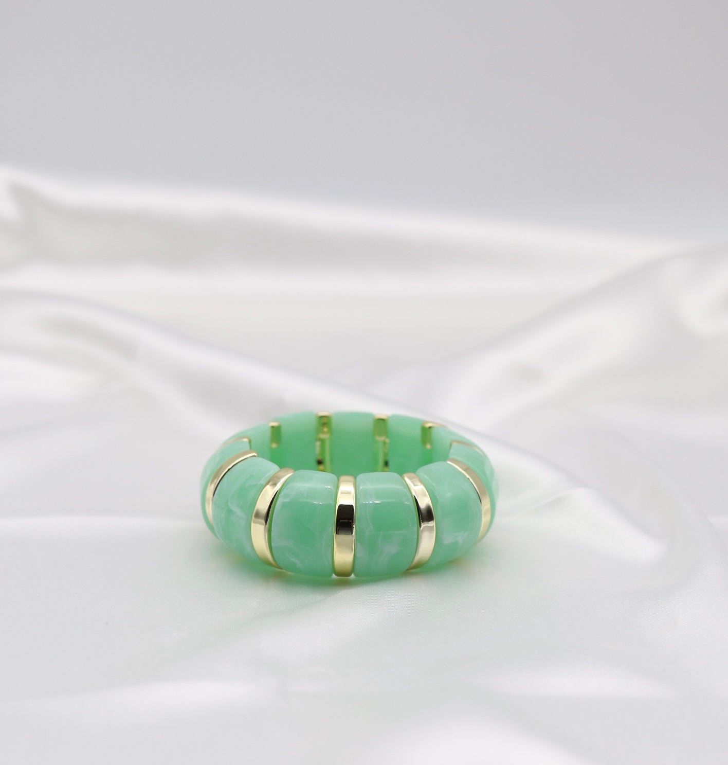 Mint Green Marble Stretch Bracelet with Polished Gold Accents