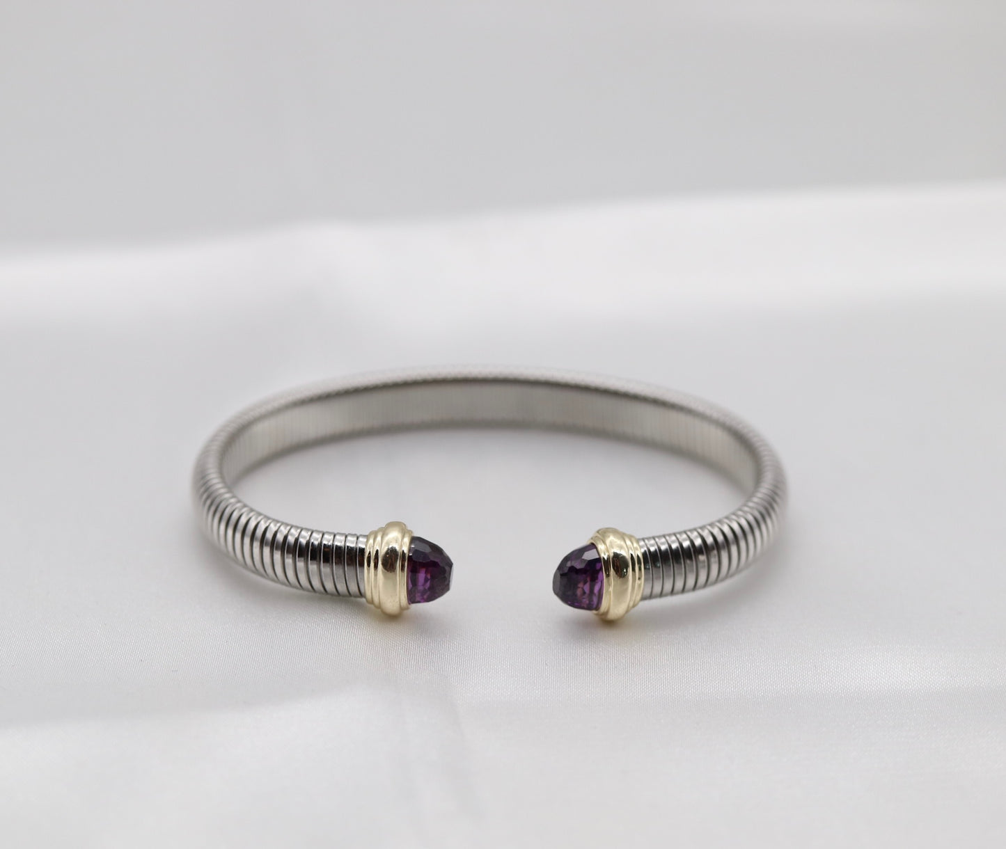 Silver Tubogas Cuff Bracelet With Violet Crystal Ends