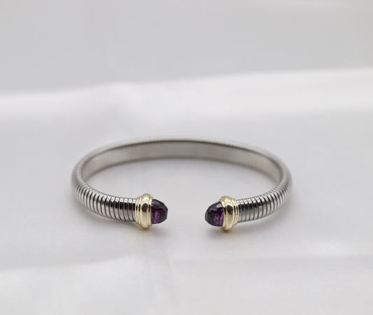 Silver Tubogas Cuff Bracelet With Violet Crystal Ends