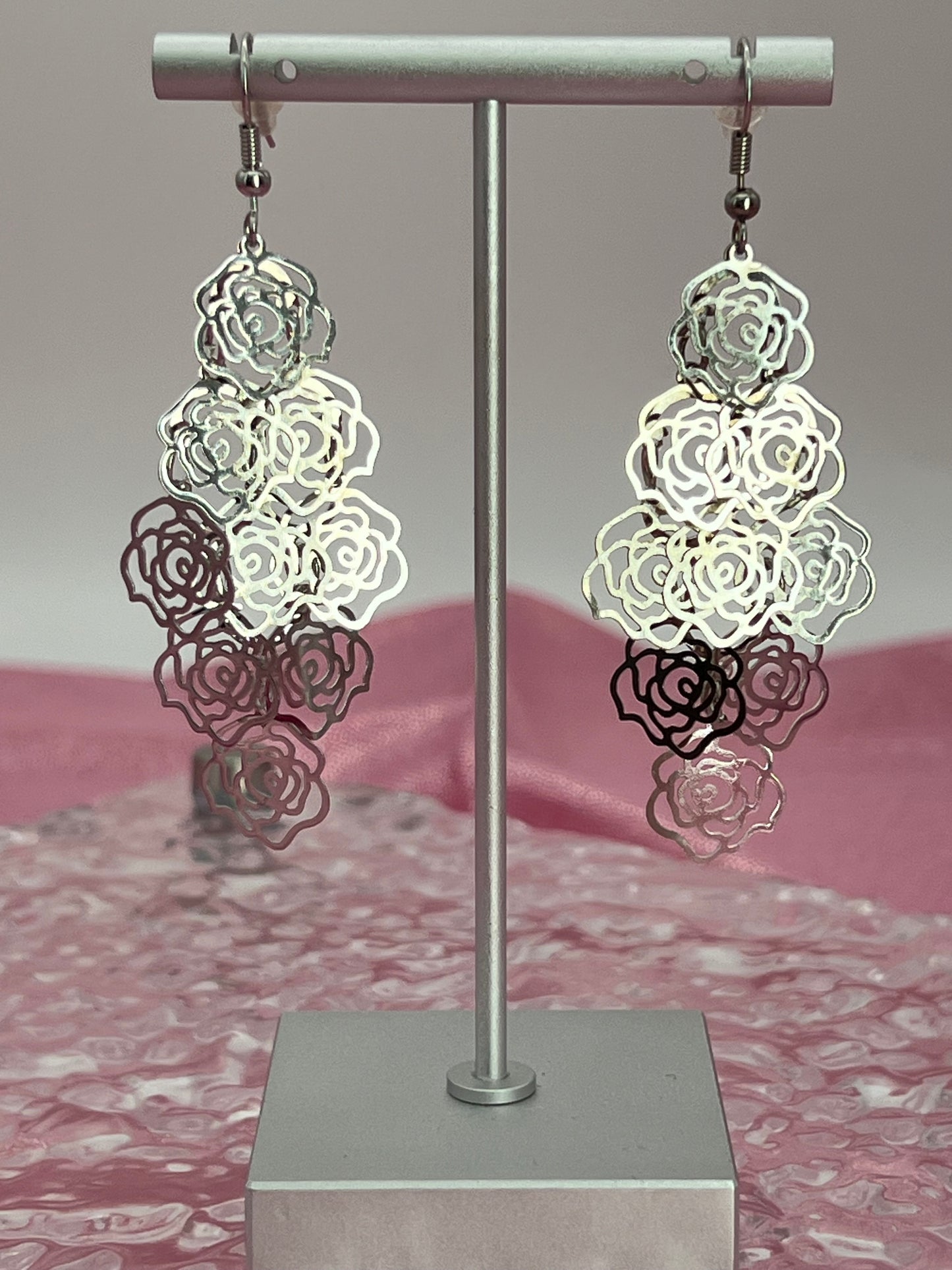 Bohemian Multi Layered Filigree Flower Dangle Drop Long Statement Earrings, Silver