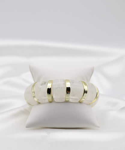 Pearl White Marble Stretch Bracelet with Polished Gold Accents