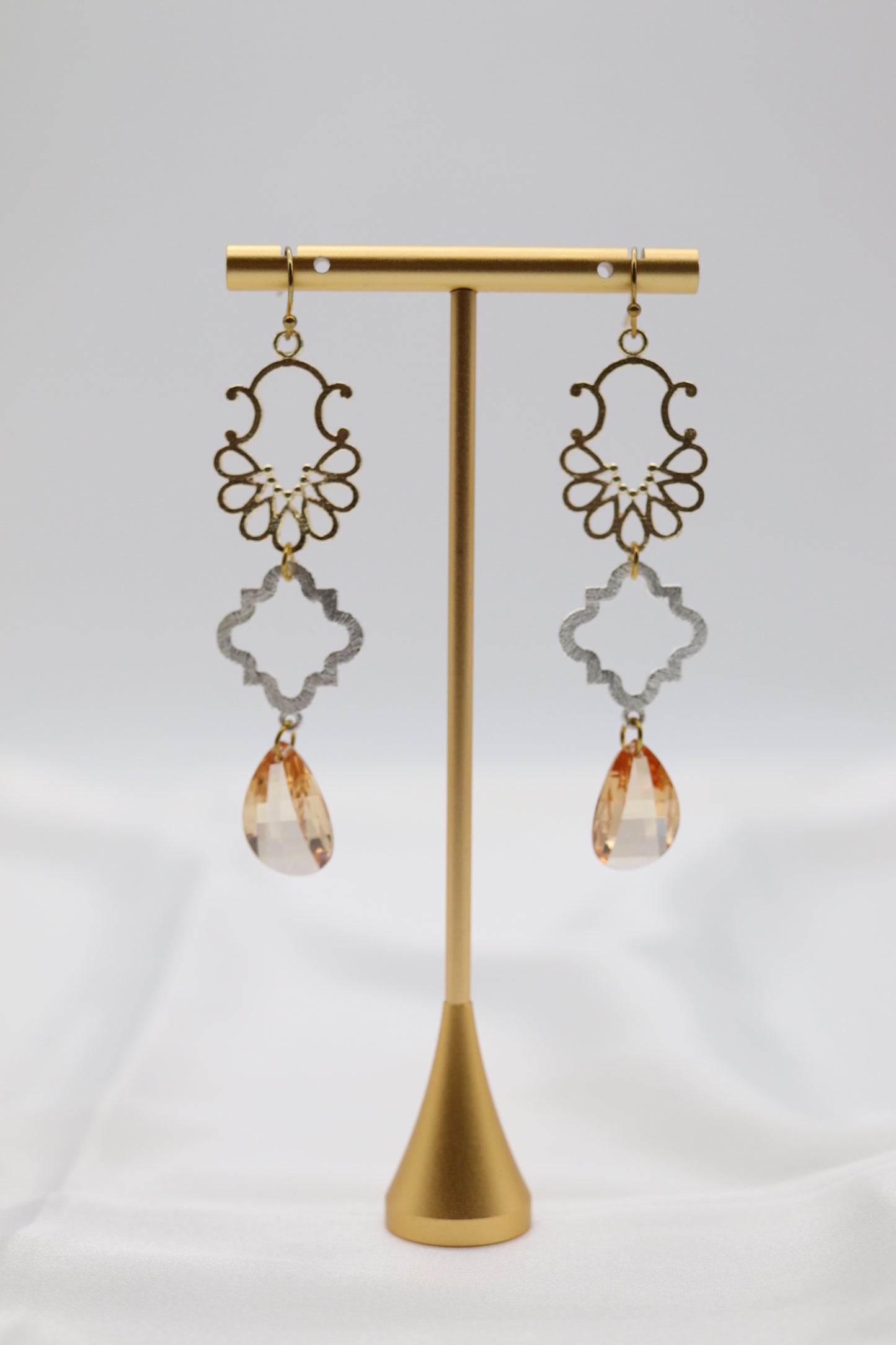 Filigree Dangling Peach Stone Earrings Made With Faceted Fancy Cut Cubics