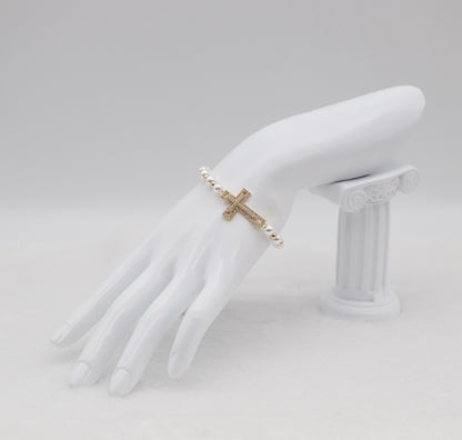 Gold Cross & Pearl Beaded Bracelet – Faith & Elegance