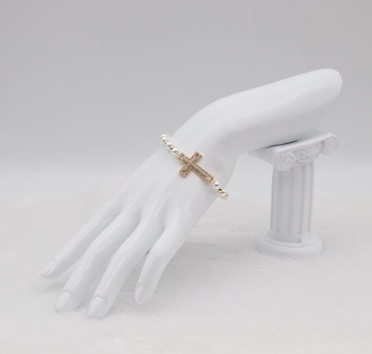 Gold Cross & Pearl Beaded Bracelet – Faith & Elegance