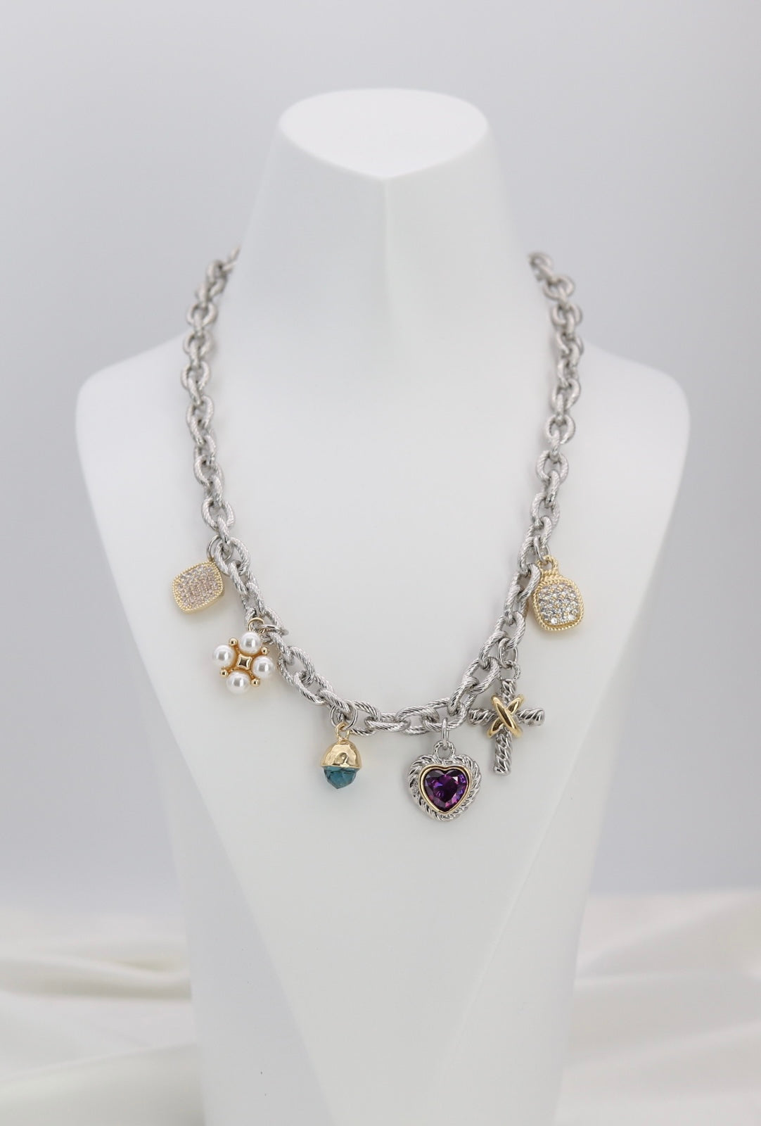 Mixed Charm Silver Chain Necklace – Heart, Pearl & Crystal Charm Statement Necklace