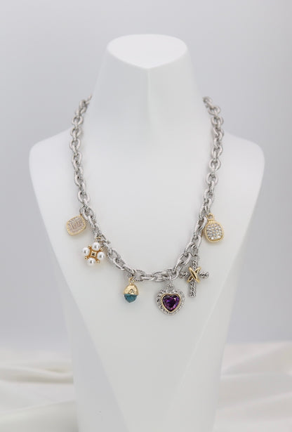 Mixed Charm Silver Chain Necklace – Heart, Pearl & Crystal Charm Statement Necklace