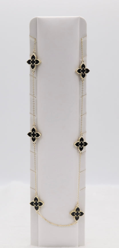 Gold Clover Station Necklace with Black Enamel Accents