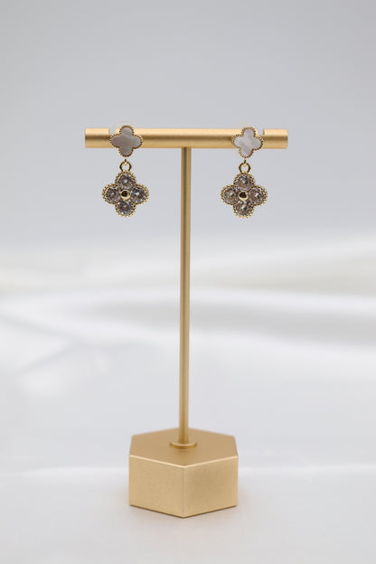 Gold and Pearl CZ Clover Earrings