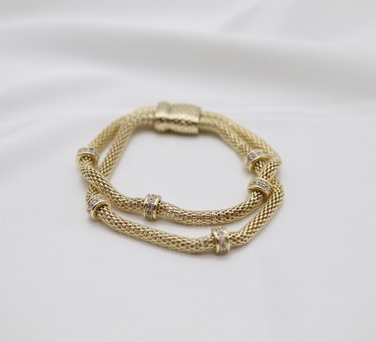 Gold Mesh-Chain Bracelet with Round CZ Stations
