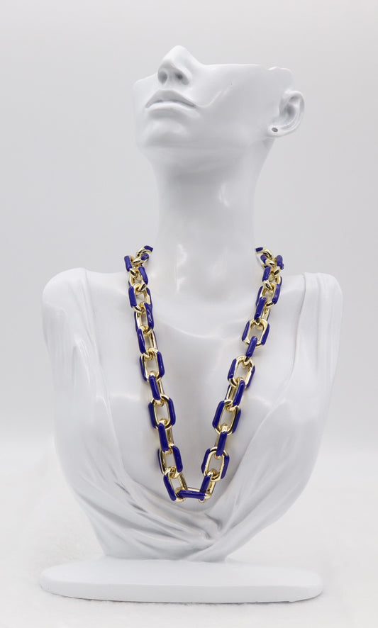 Bold Gold and Blue Link Chain Statement Necklace