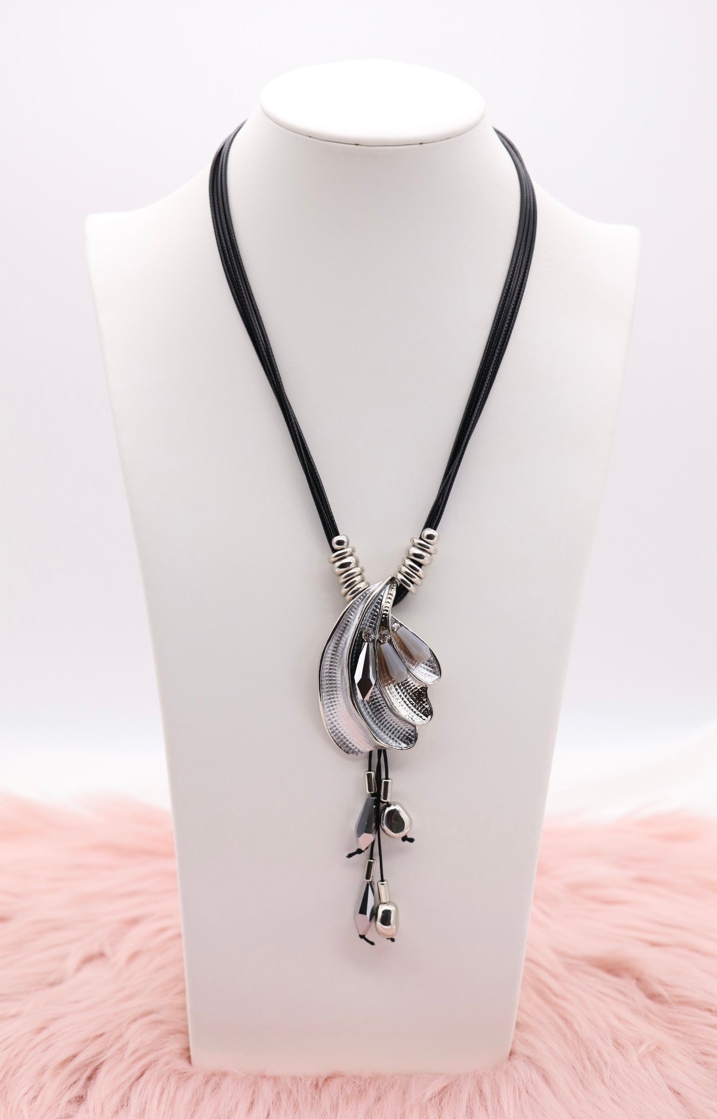 Half Silver Shell CZ Pendant With Multi Black Rope Necklace