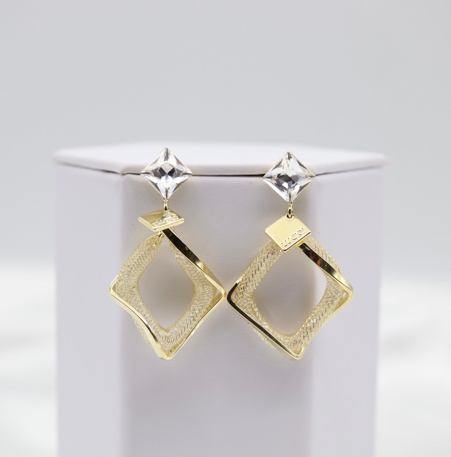 Geometric Textured Gold Drop Earrings with Crystal Studs