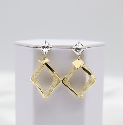 Geometric Textured Gold Drop Earrings with Crystal Studs