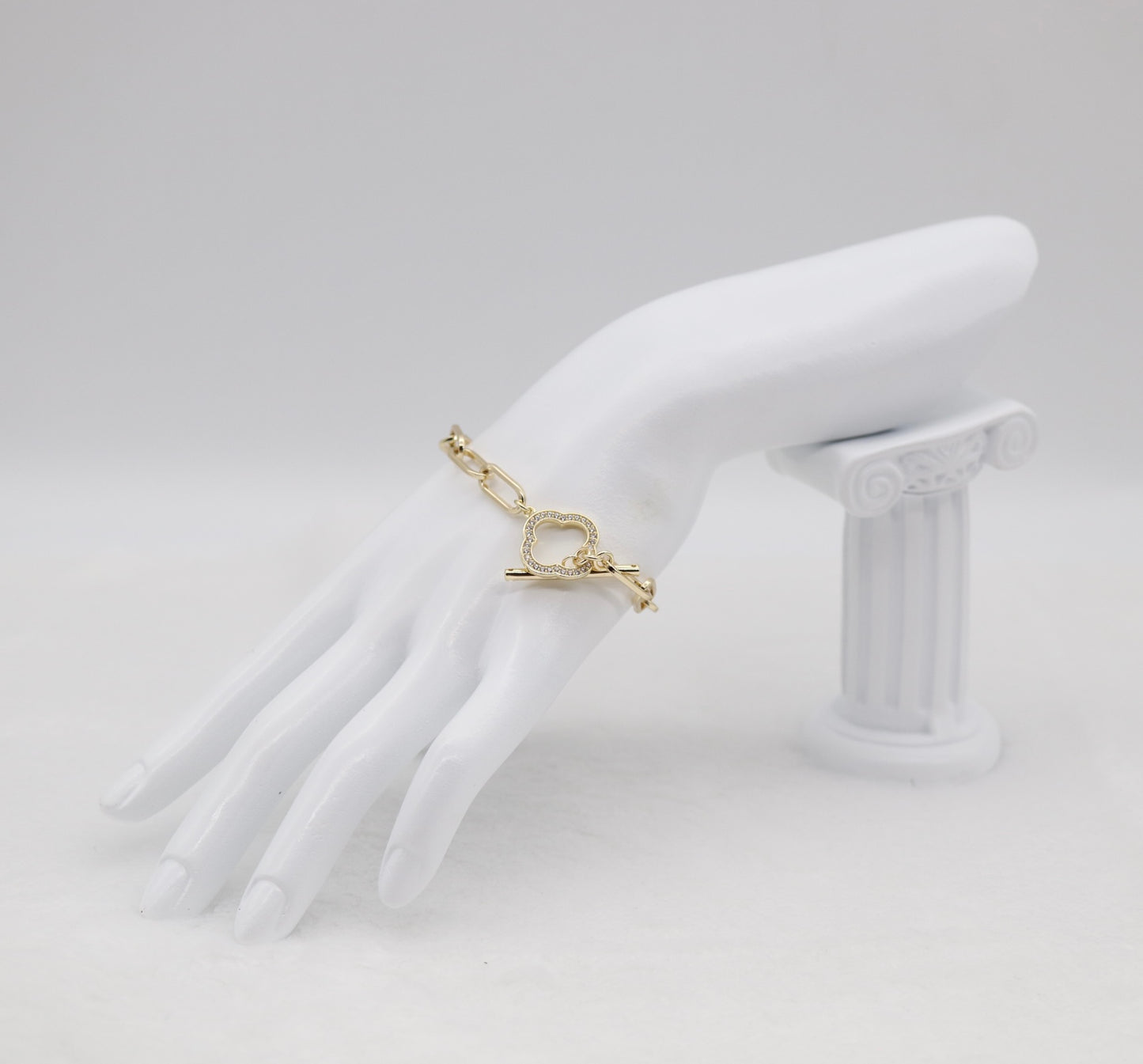Gold Paperclip Bracelet with CZ Clover Toggle