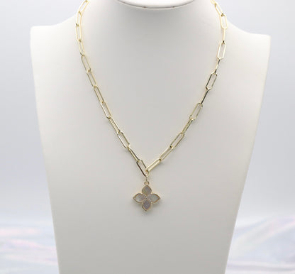 Gold Paperclip Necklace With Pearl Clover Pendant
