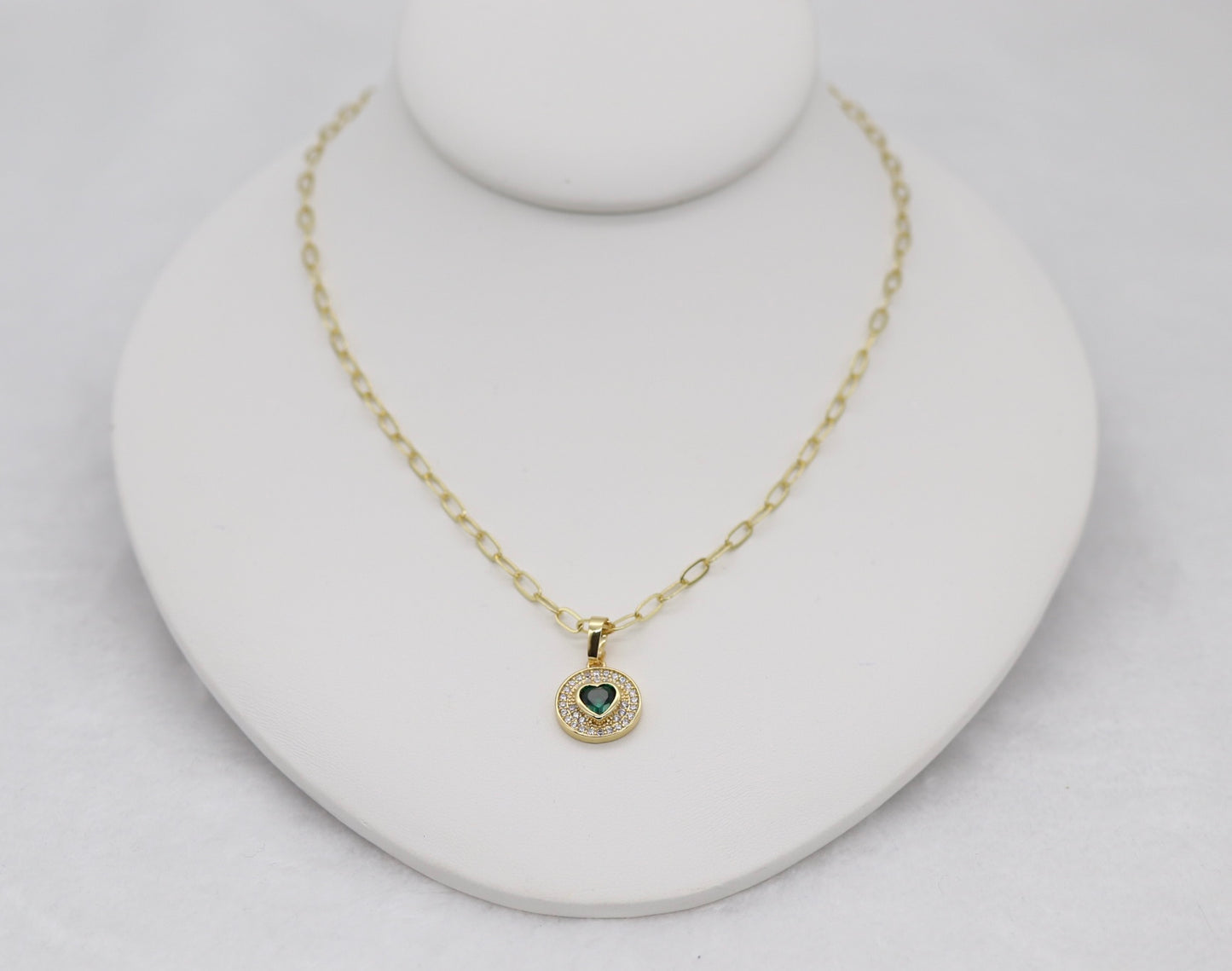 Gold Heart Pendant Necklace – Emerald Green Gemstone with Crystal Halo