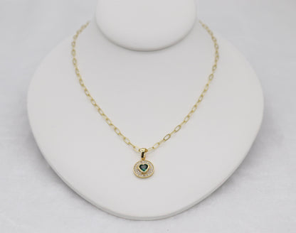 Gold Heart Pendant Necklace – Emerald Green Gemstone with Crystal Halo