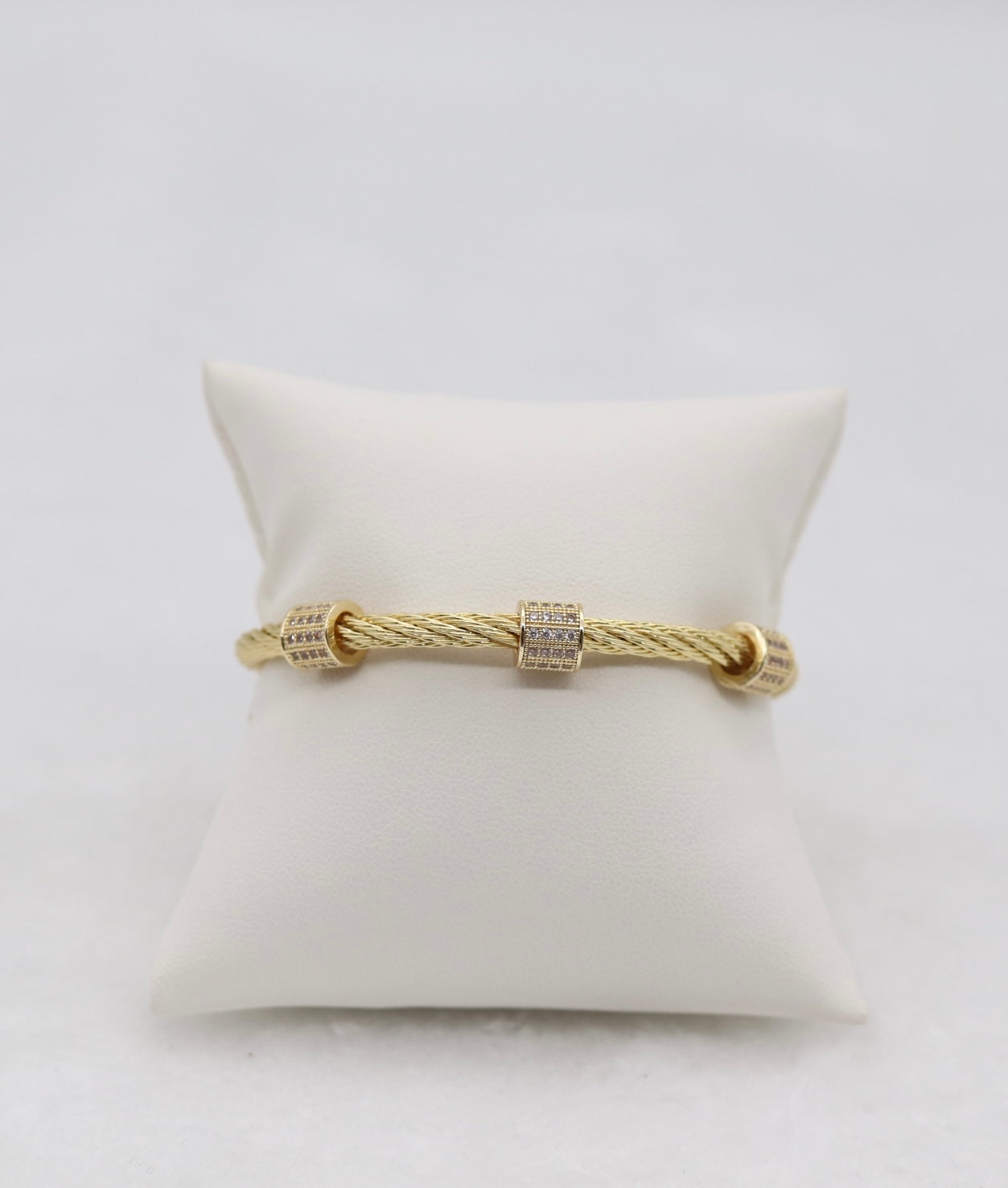 Gold Cable Cuff Bracelet with Pave Crystal Barrel Accents