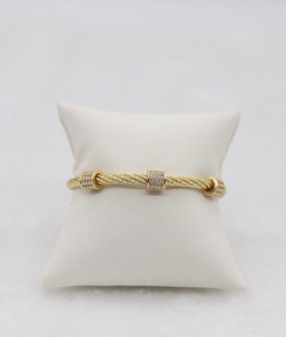 Gold Cable Cuff Bracelet with Pave Crystal Barrel Accents