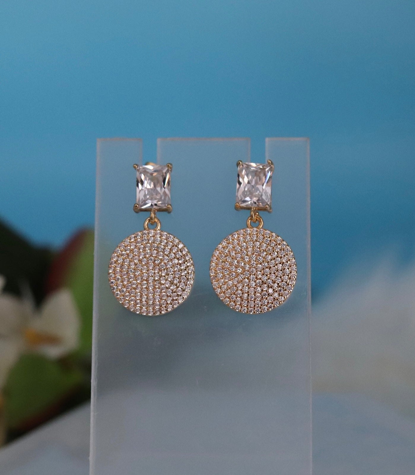 Emerald Cut CZ and Pave Disc Fashion Earrings