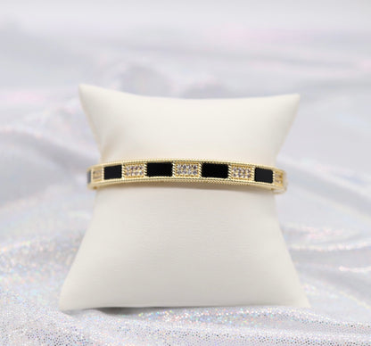 Gold Hinge Bangle Braclet With Black And CZ Paved Stations