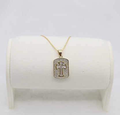 Gold Cross Pendant Necklace – Crystal Pavé Dog Tag Design