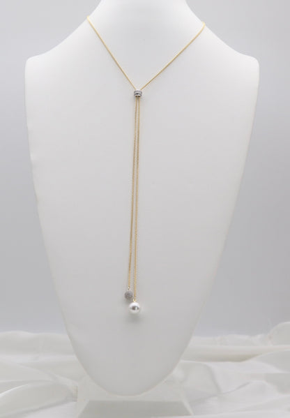 Gold Tone Lariat Necklace with Pearl Drop & Crystal Accent