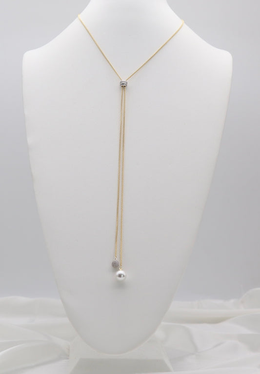 Gold Tone Lariat Necklace with Pearl Drop & Crystal Accent