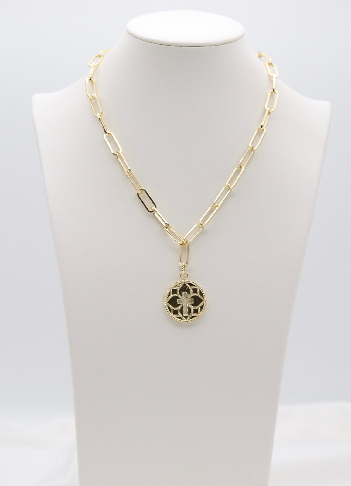 Gold Paperclip Chain Cross Medallion Necklace