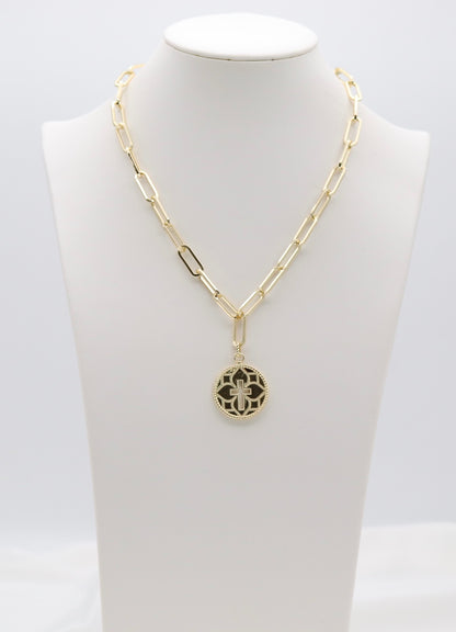 Gold Paperclip Chain Cross Medallion Necklace