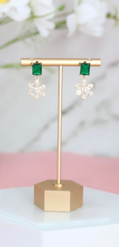 Emerald Green CZ With Fancy Cut Clear Flower Fashion Earrings