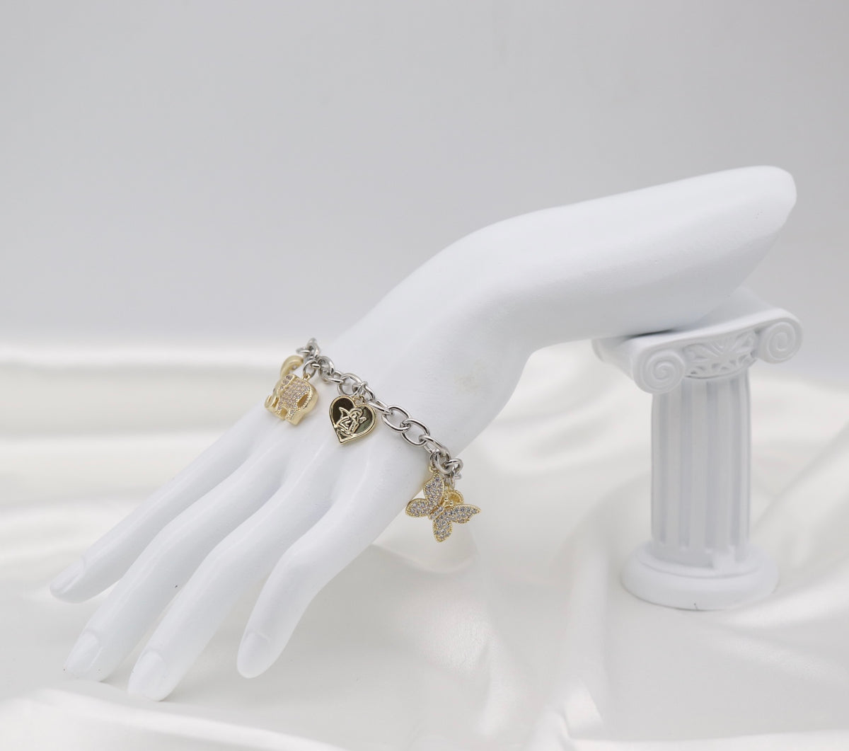 Two-Tone Crystal Charm Bracelet with Heart, Elephant & Pearl