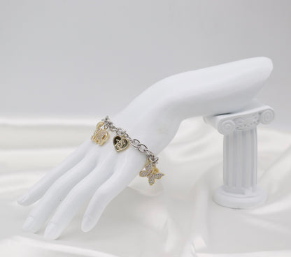 Two-Tone Crystal Charm Bracelet with Heart, Elephant & Pearl
