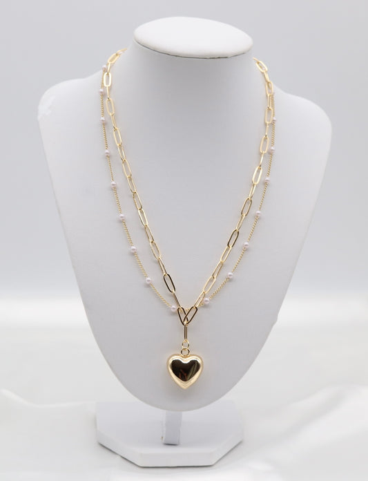 Layered Gold Dainty Pearl Station and Heart Pendant Paperclip Necklace