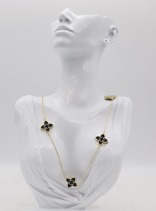 Gold Clover Station Necklace with Black Enamel Accents