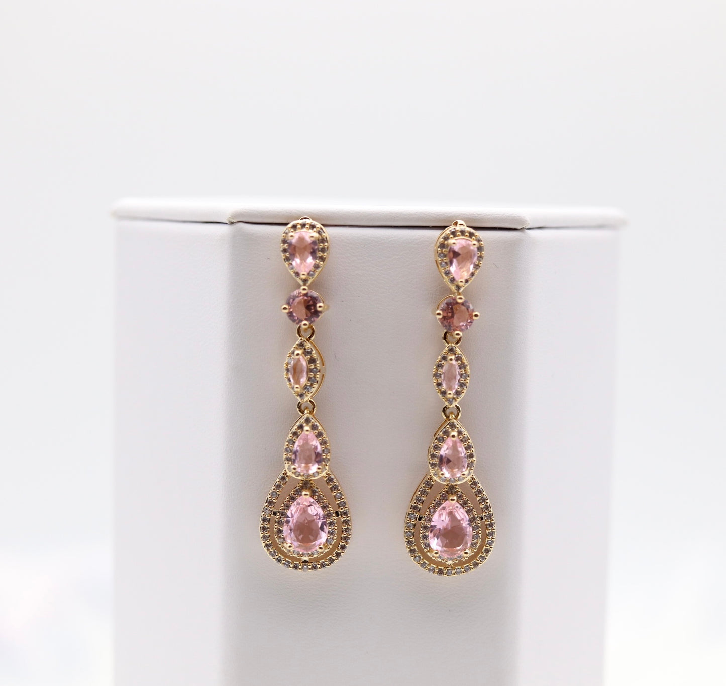 Pear Shaped Light Pink CZ Dangling Earrings