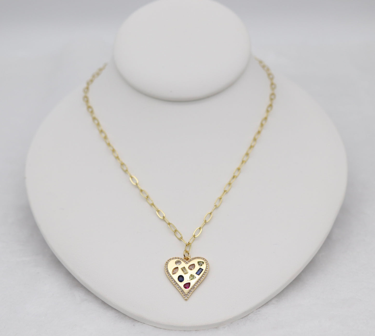 Gold Heart Pendant Necklace – Multi-Gemstone Mosaic Design