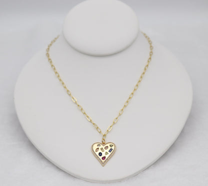 Gold Heart Pendant Necklace – Multi-Gemstone Mosaic Design
