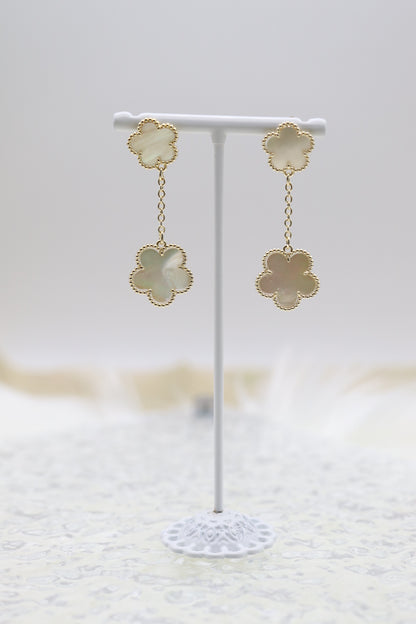 Gold Plated Mother of Pearl Five Leaf Flower Petal Pendant Earrings