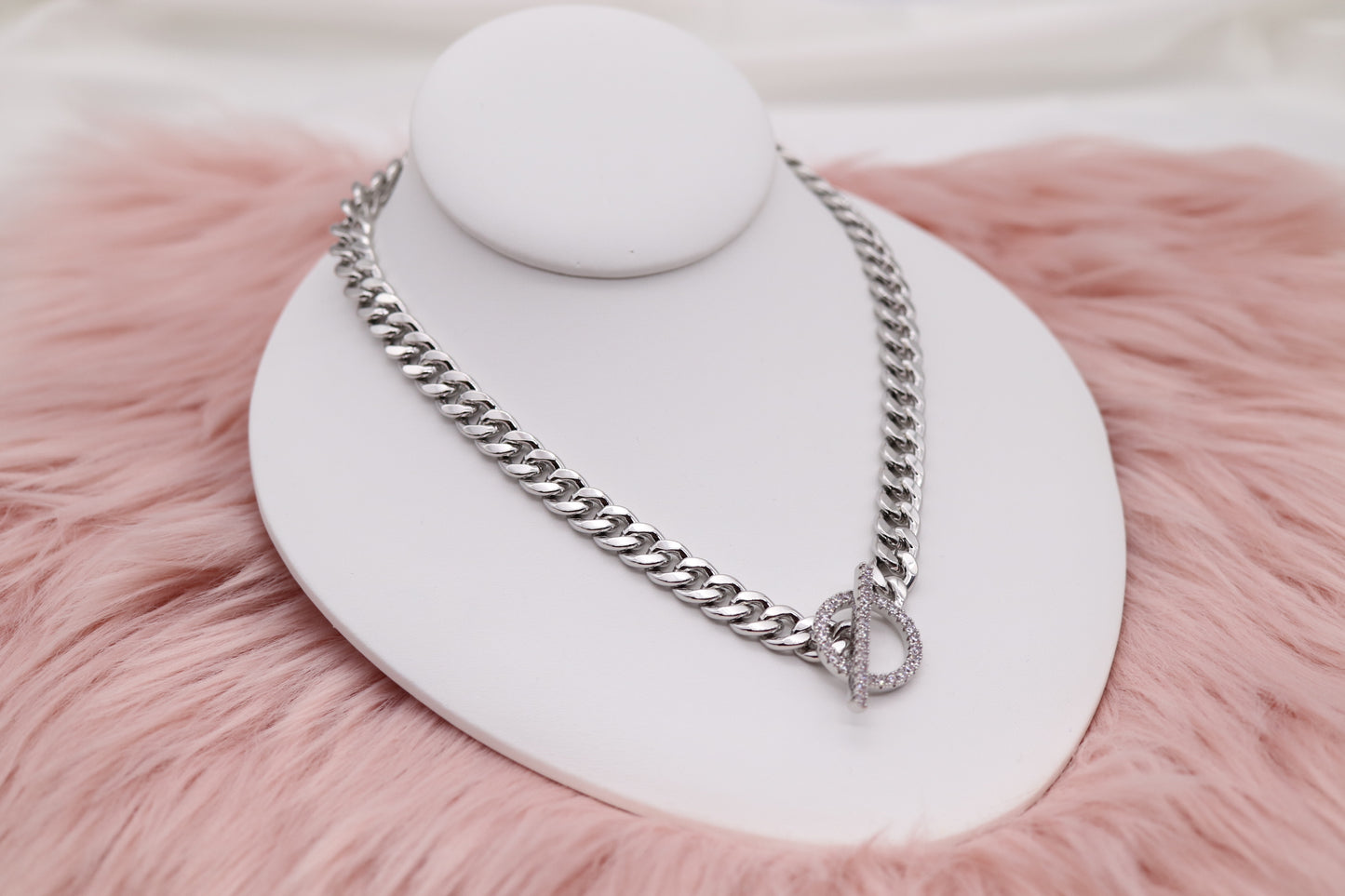 Curb Chain CZ Pave Toggle Necklace Silver