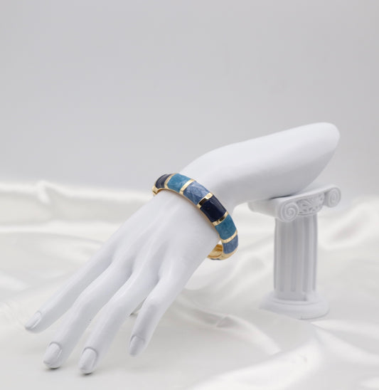 Gold Blue Multi-Tone Enamel Hinged Bangle Bracelet
