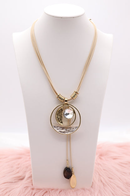 Gold Metallic Circle Pendant With Clear Stone, Multi Light Tan Rope Necklace