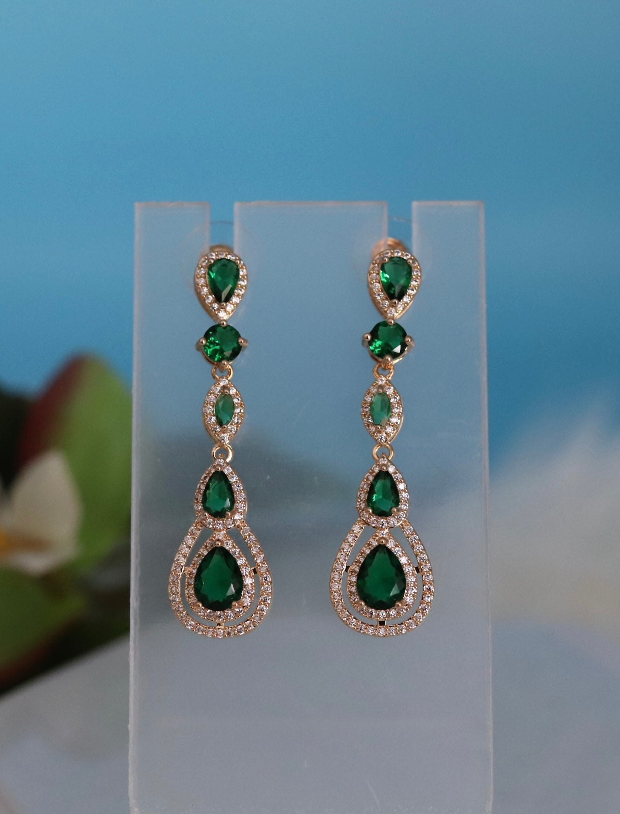 Pear Shaped Emerald Green CZ Dangling Earrings