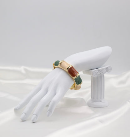 Gold Earth-Tone Multi-Color Enamel Hinged Bangle Bracelet