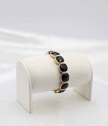 Black Faceted Stone & Gold Stretch Bracelet