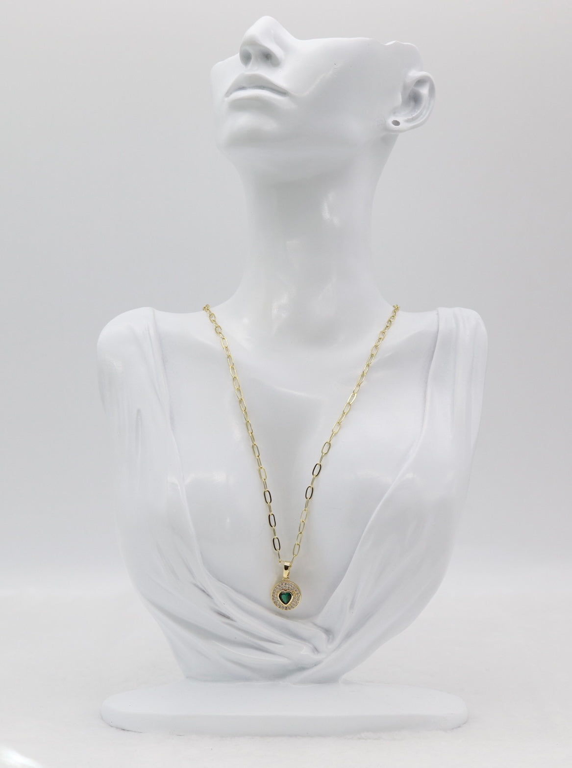 Gold Heart Pendant Necklace – Emerald Green Gemstone with Crystal Halo