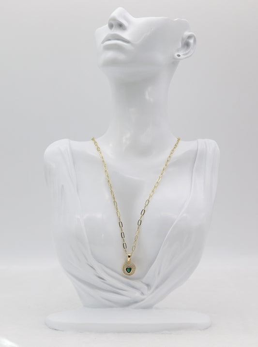 Gold Heart Pendant Necklace – Emerald Green Gemstone with Crystal Halo