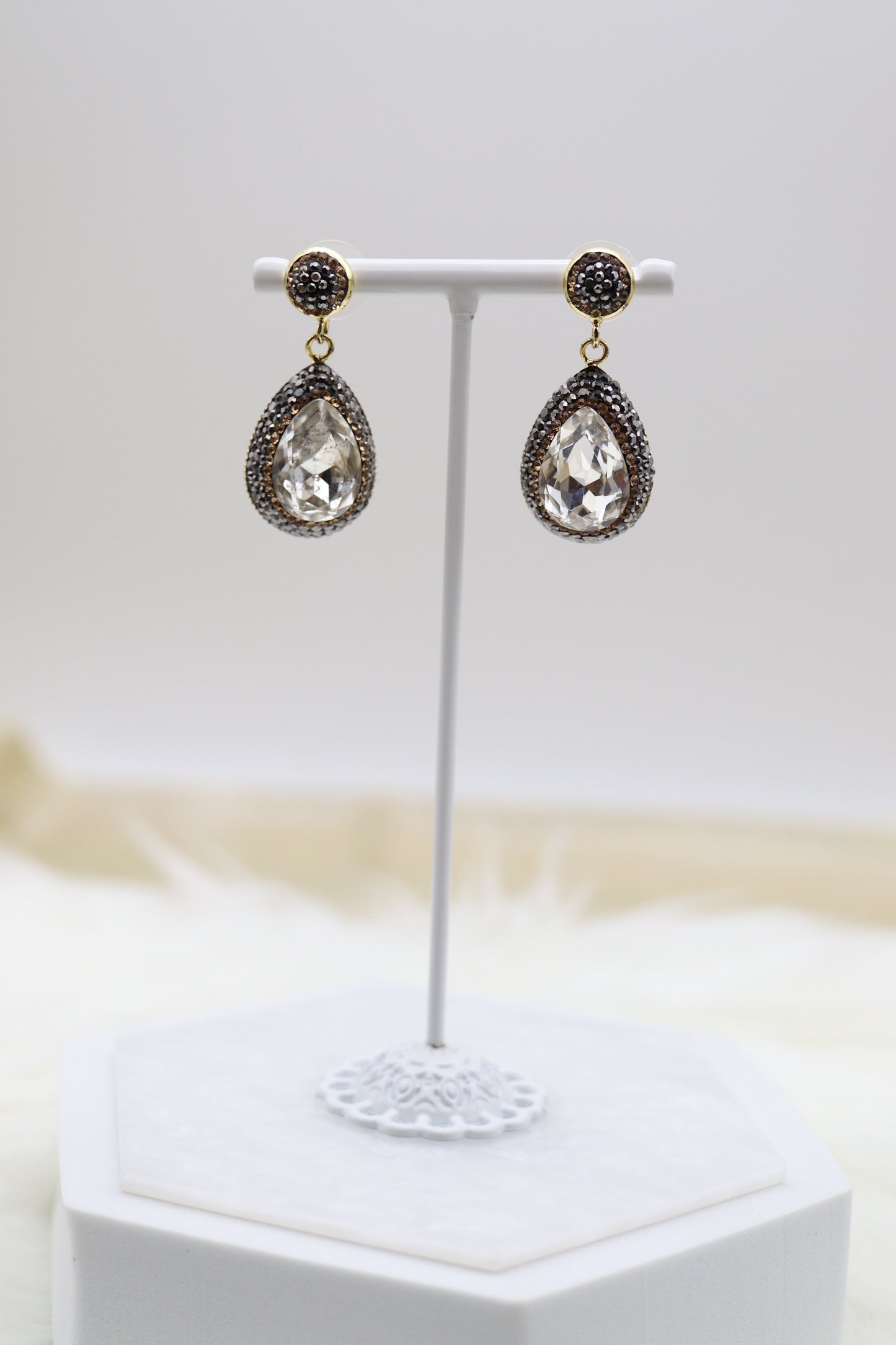 Matching Necklace and Earrings With Pear Shaped Clear Faceted CZ Stones With Gold Trim